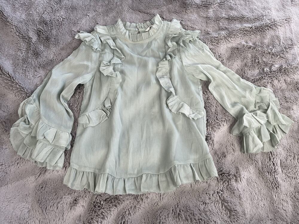 H & M Ruffled 3/4 Sleeve Chiffon Blouse Top Size 2 Green